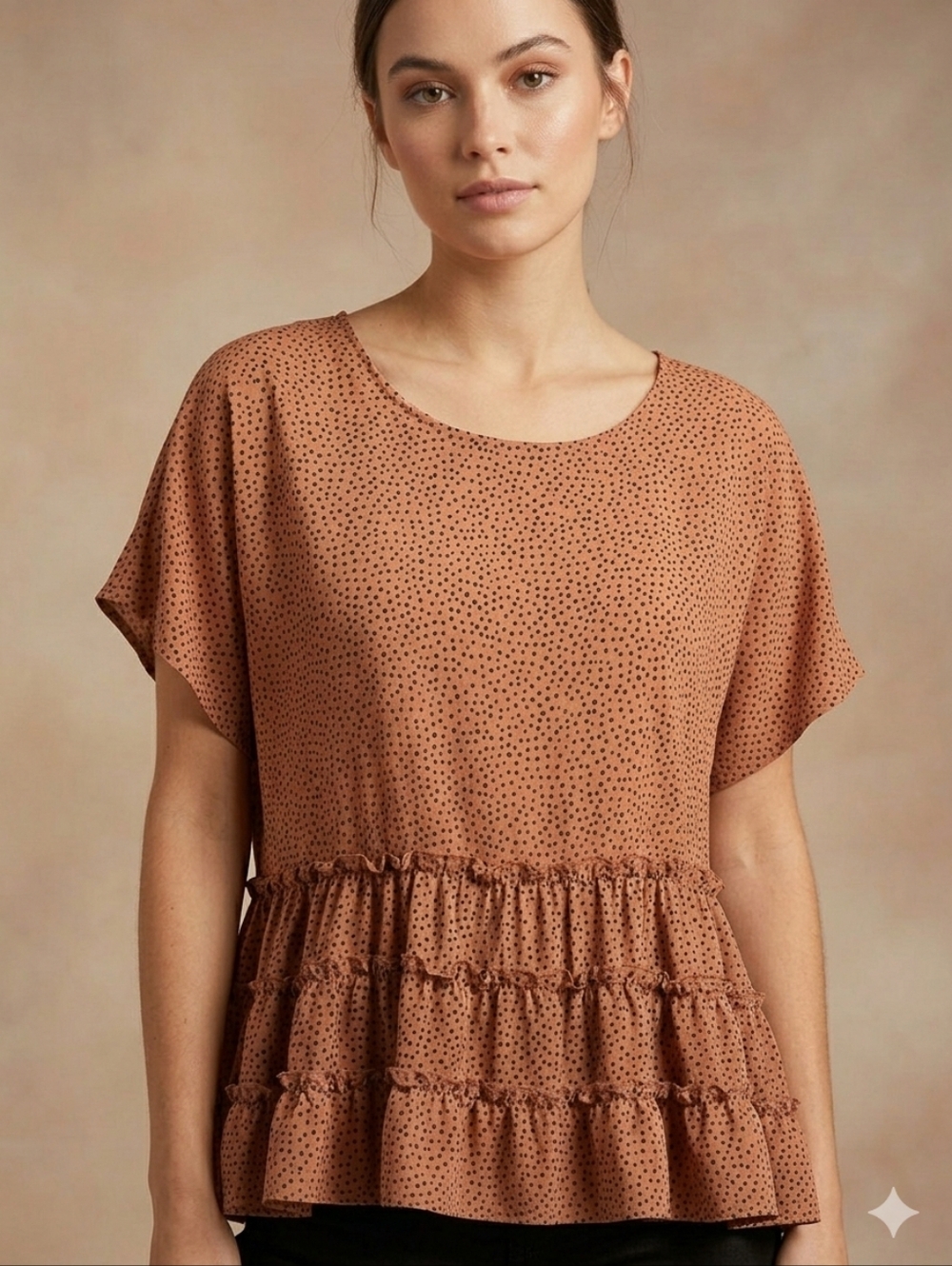 Arula Polka Dot Tiered Ruffle Hem Blouse | Boho Tunic Brown Size X (XL)